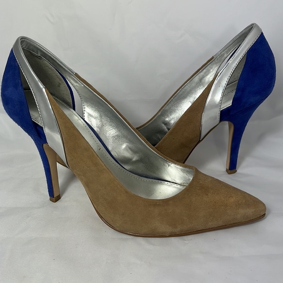 Calvin Klein Ninnah Suede Pumps Tan/Royal Blue/Silver sz: 7 - Picture 6 of 7